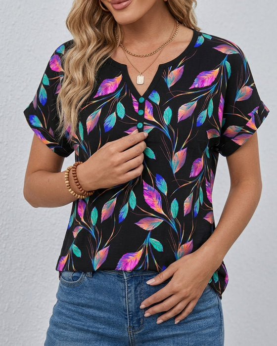 T-Shirt Bedruckt Rollbündchen V-Ausschnitt