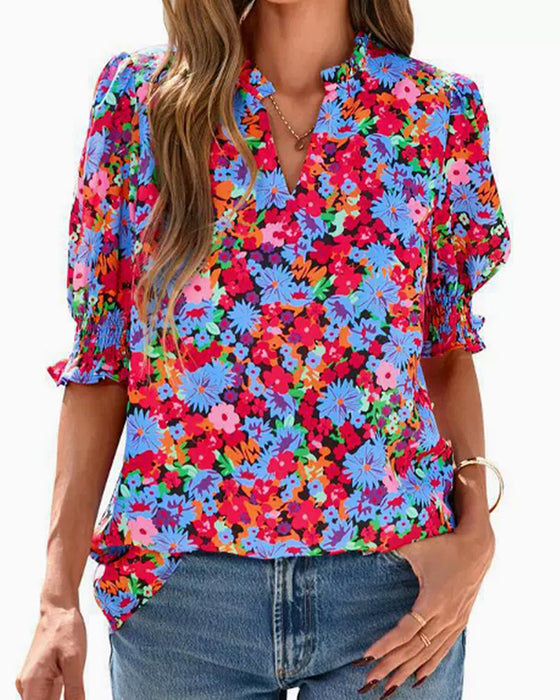 Bluse Blumenprint Puff Kurzarm
