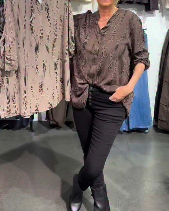 Bluse V-Ausschnitt Knopf Vorne Leopard Druck Locker
