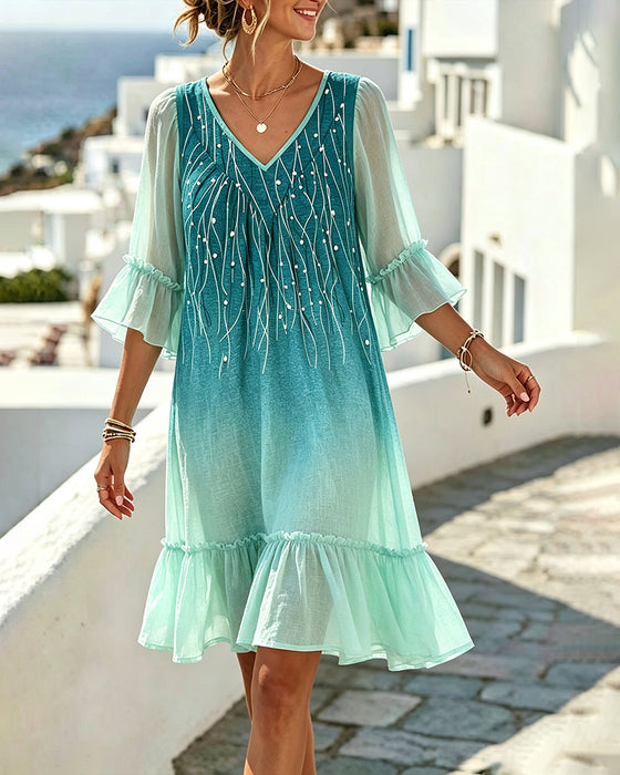 Kleid V-Ausschnitt Ombre Rüschensaum