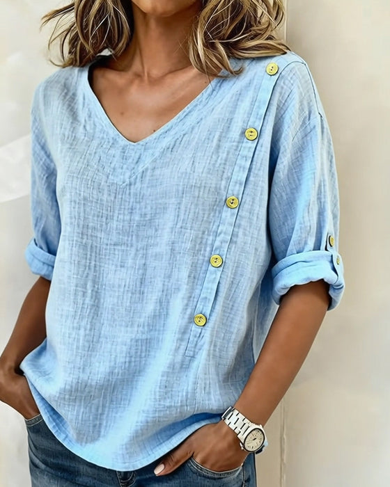 Top V-Ausschnitt Baumwolle Und Leinen Knöpfbar
