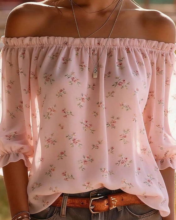 Bluse Off-Shoulder Blumig Dreiviertel Ärmel