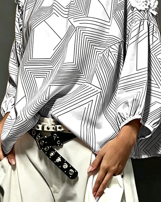 Bluse Rundhals Off-Shoulder Geometrisch Locker