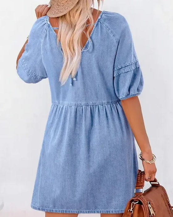 Kleider Denim V-Ausschnitt Puff Ärmel