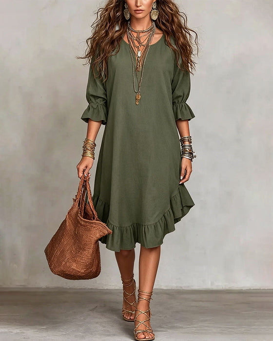 Kleid Lässig V-Ausschnitt Rüsche Midi