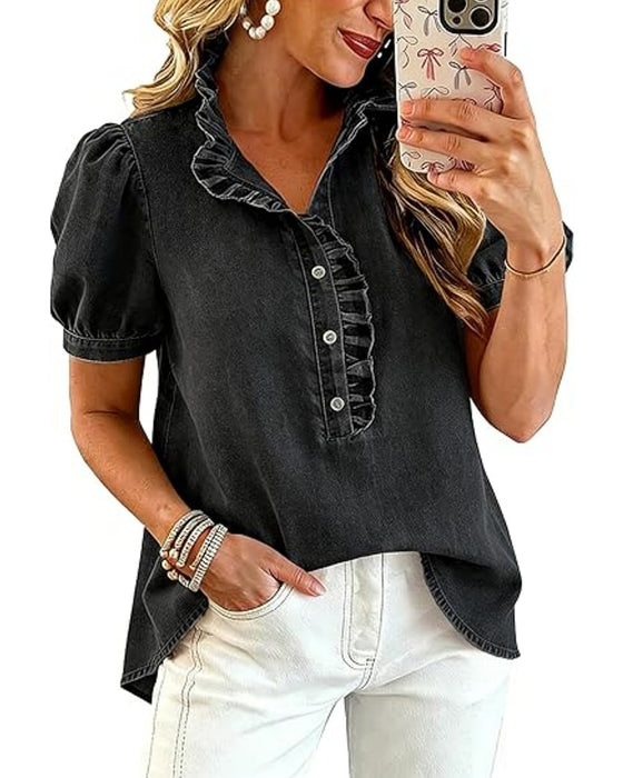Bluse Knopf Hoch Rüsche Denim