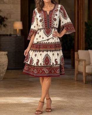 Kleid Bedruckter Rundhals Halb-Ärmel
