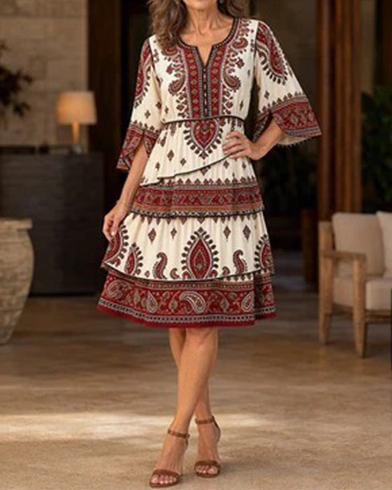 Kleid Bedruckter Rundhals Halb-Ärmel