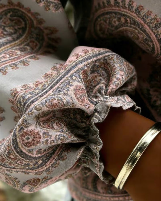 Bluse Paisley Muster V-Ausschnitt Laterne Ärmel