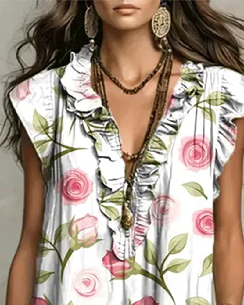 Kleid Rosenprint Rüsche V-Ausschnitt