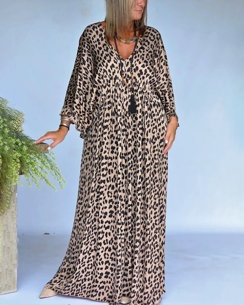 Kleid V-Ausschnitt Leopardenprint Loose Fit Lässig