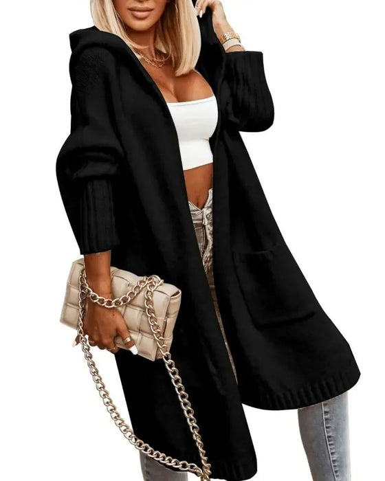 Cardigan Mit Kapuze Tasche Offen Vorne Gestrickt