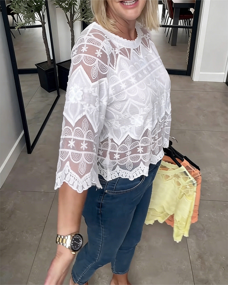 Bluse Sheer Mesh Spitze Dreiviertelarm