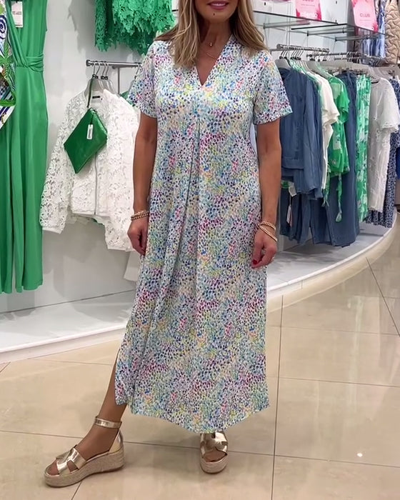 Kleid V-Ausschnitt Kurzärmelig Blumen