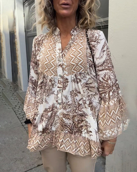 Bluse V-Ausschnitt Blumendruck Vintage