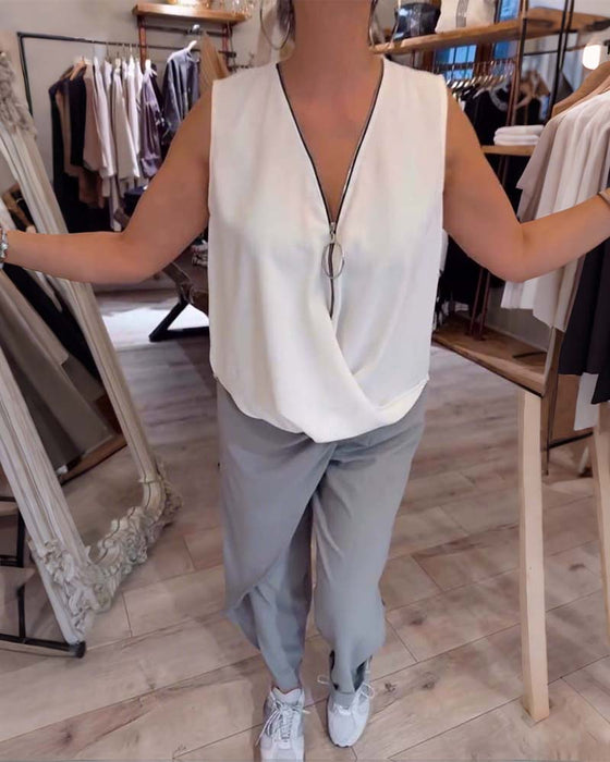 Tanktop Ärmellos Halber Reißverschluss Unifarbe