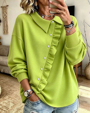 Sweatshirt Revers Rüschen Diagonal Knopf