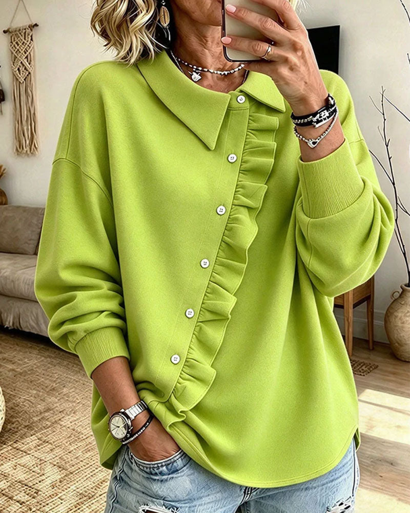 Sweatshirt Revers Rüschen Diagonal Knopf