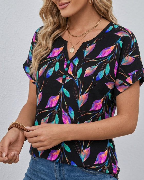 T-Shirt Bedruckt Rollbündchen V-Ausschnitt