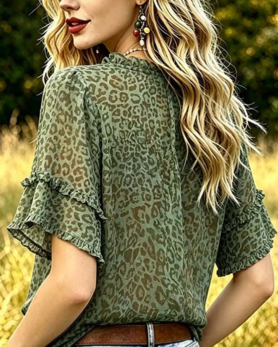 Bluse Grünton Leopard Druck Rüsche
