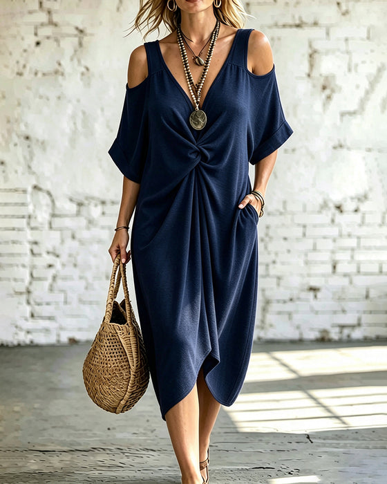 Kleid Einfarbig Kalt Schulter Gekraust