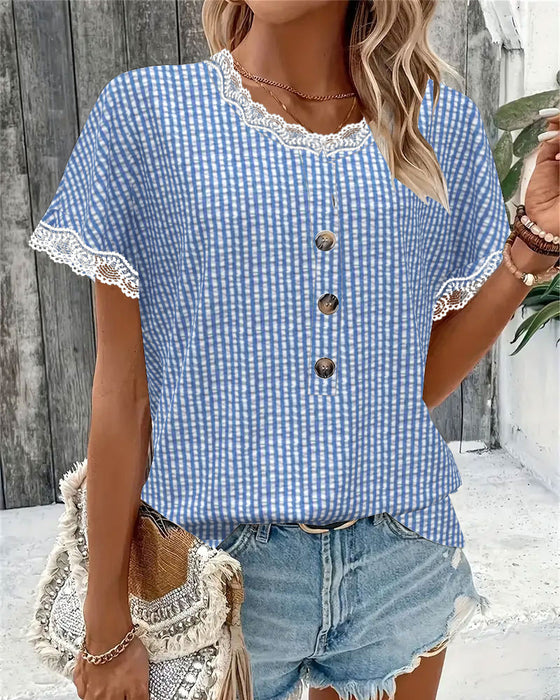 Bluse Rundhals Spitze Patchwork gestreift