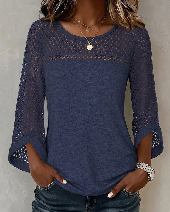 T-Shirt Hollow Out Langarm Patchwork