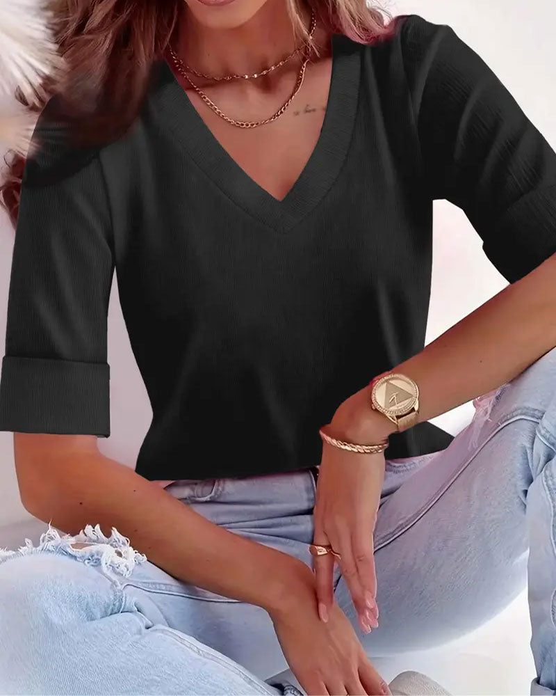 Top V-Ausschnitt Dreiviertel Ärmel Slim Passform