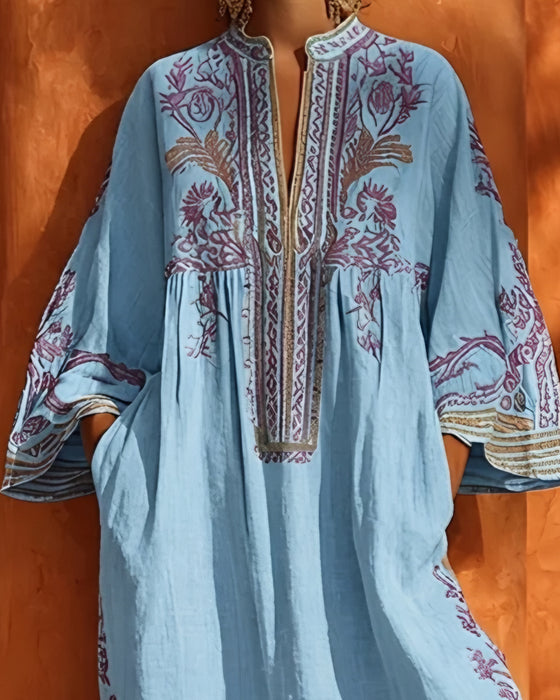 Kleid V-Ausschnitt Ethno-Print Loose Fit