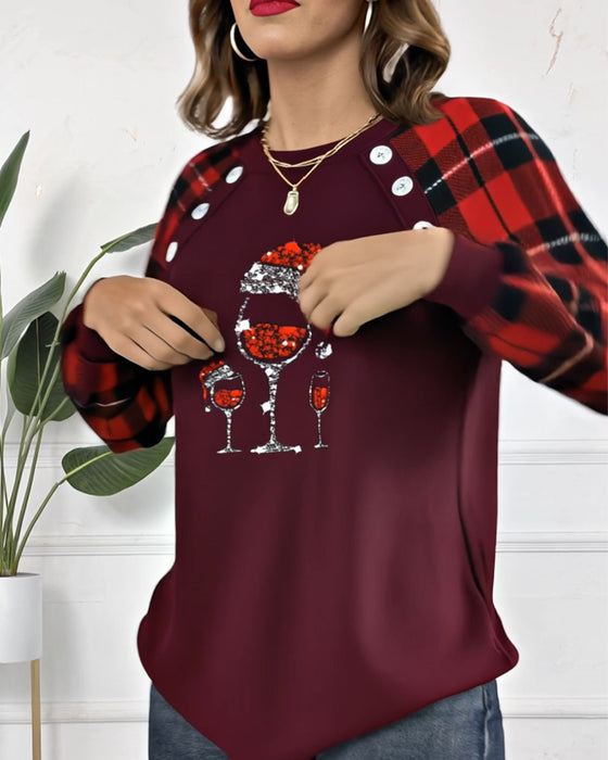 Sweatshirt Weinglas Druck kariert