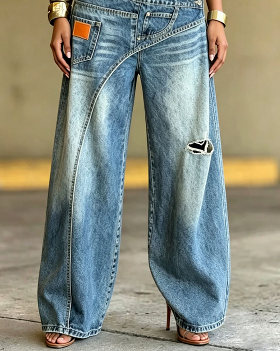Hose Unregelmäßig Zerrissene Denim Lang