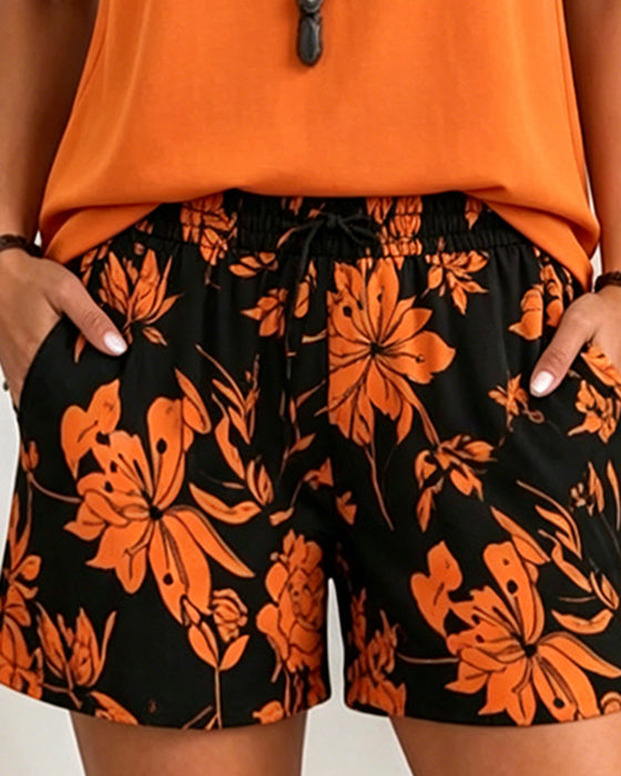 Sets V-Ausschnitt Ärmellos Top Und Print Shorts