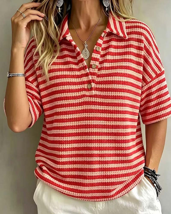 Bluse Polo Kragen Gestreift Knopf Vorne