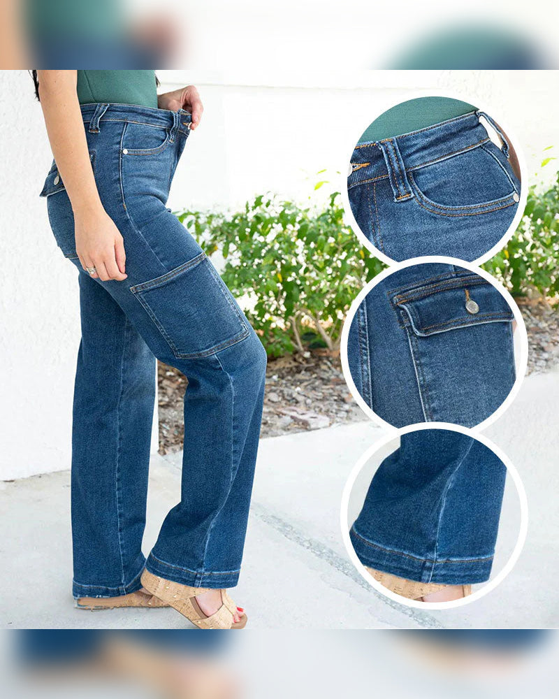 Jeans Damen Hoch Tailliert Cargo Weites Bein Stretch