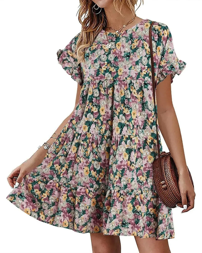 Kleid Rüsche Ärmel Leopard Gestuft