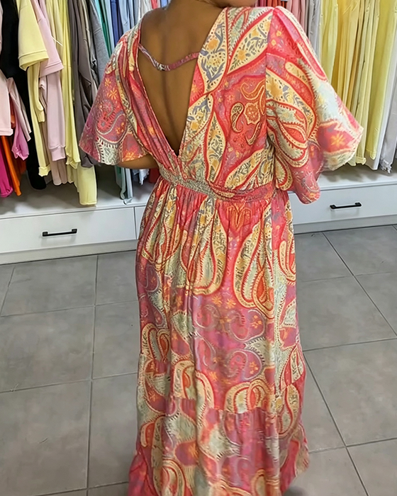 Kleid V-Ausschnitt Rüsche Druck