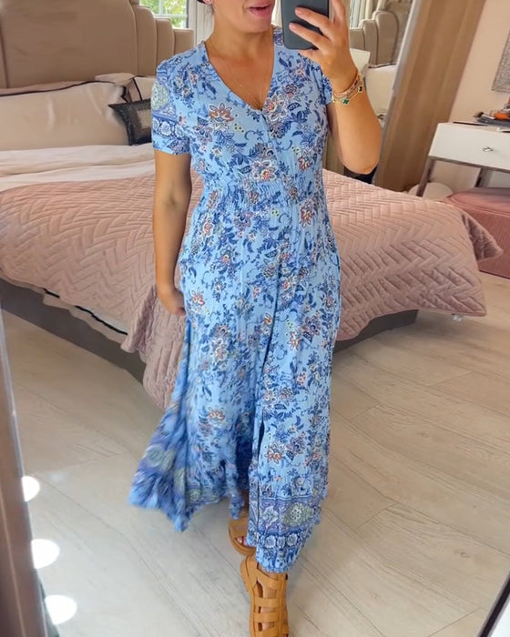 Kleid mit V-Ausschnitt und Blumendruck
