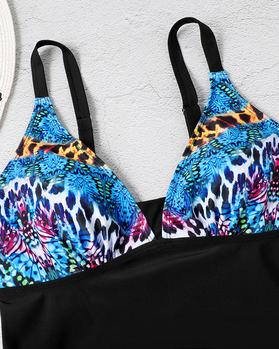 Sling-Tankini mit offenem Rücken und bedrucktem Rock
