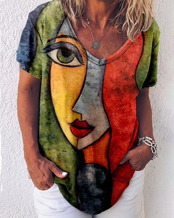 Kurzärmliges T-Shirt mit abstraktem Gesichtsaufdruck