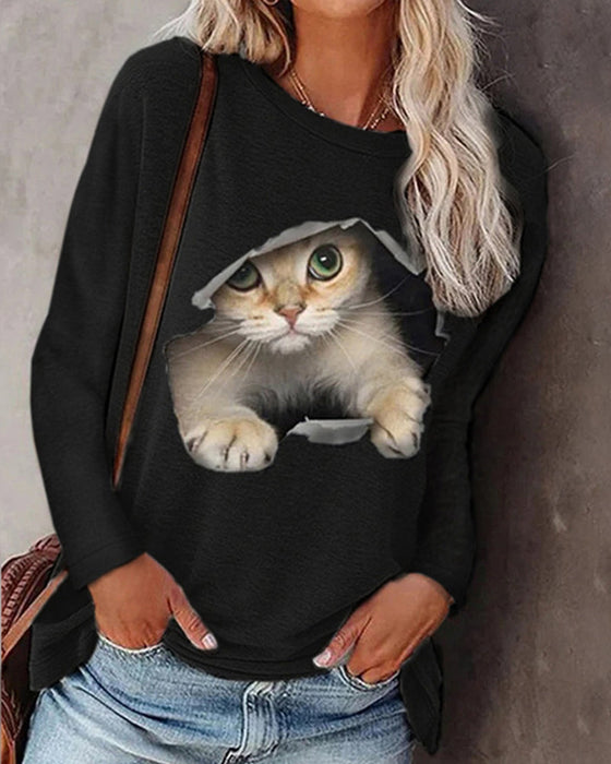 Langarm-top mit katzen-print