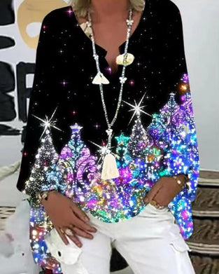 Bedrucktes langarm-top mit v-ausschnitt