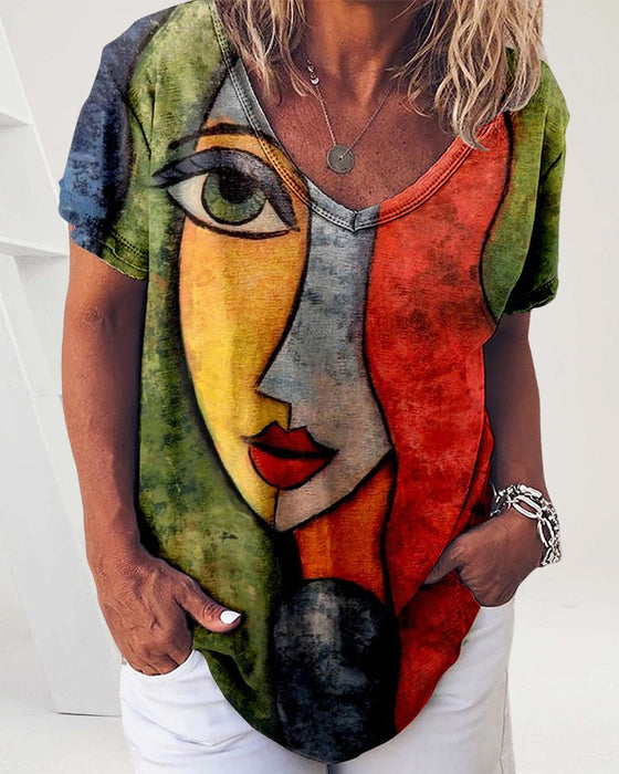 Kurzärmliges T-Shirt mit abstraktem Gesichtsaufdruck