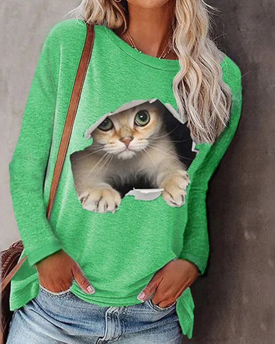 Langarm-top mit katzen-print