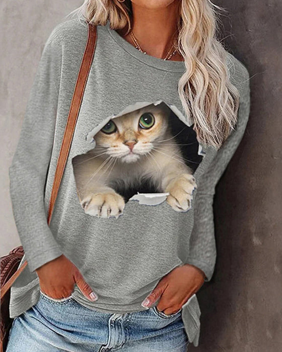 Langarm-top mit katzen-print