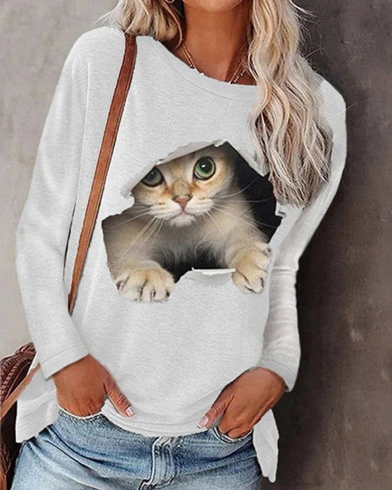 Langarm-top mit katzen-print