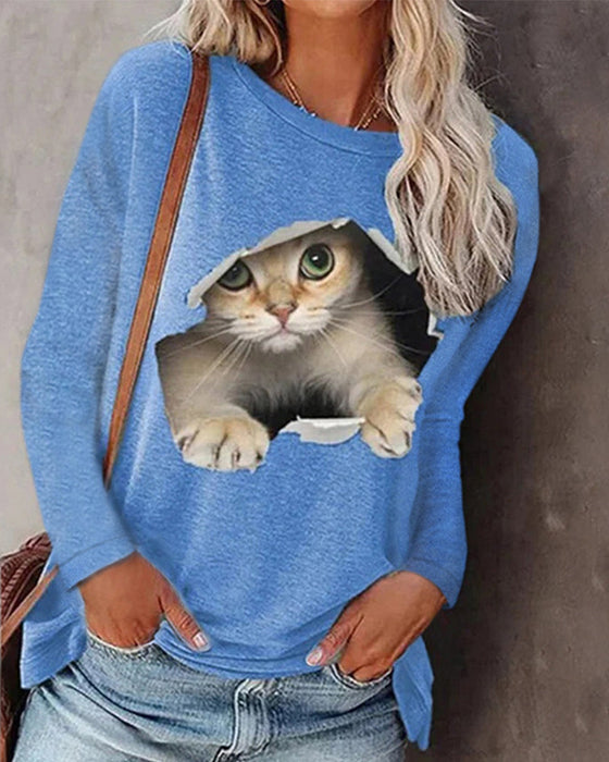 Langarm-top mit katzen-print