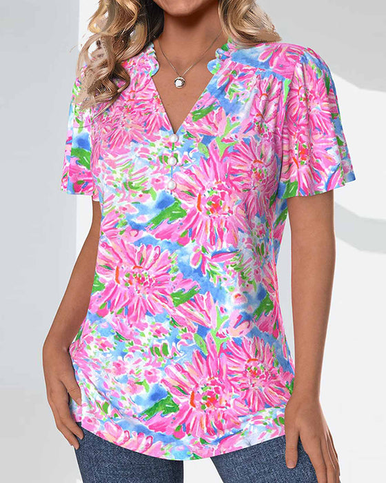Bluse mit kurzen Ärmeln, Blumenmuster und Knöpfen