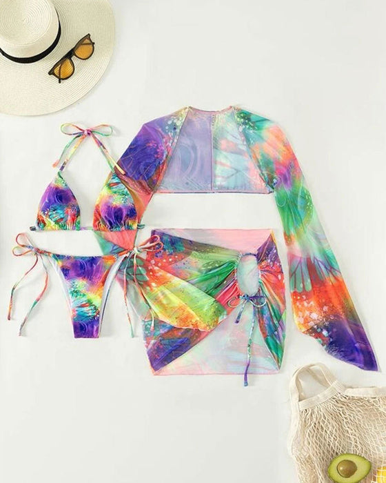 Dreiteiliges mehrfarbiges Batik-Bikini-Set