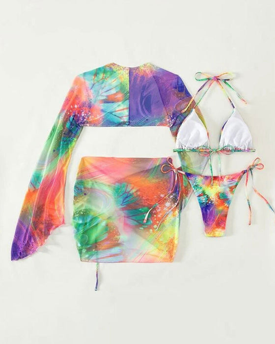 Dreiteiliges mehrfarbiges Batik-Bikini-Set