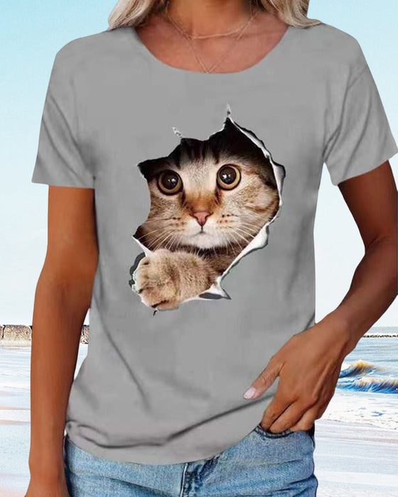 T-Shirt mit zerrissenem Katzen-Print